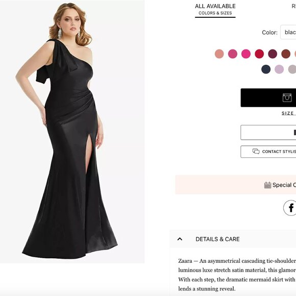 Cascading Bow One-Shoulder Stretch Satin Mermaid Dress w. Slight Train in Black - Picture 2 of 3